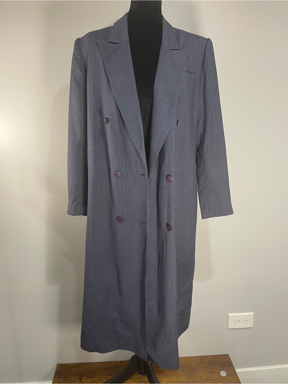 Vintage Alexis Suit World Pinstripe Longline Double Breasted Coat Sz. 8